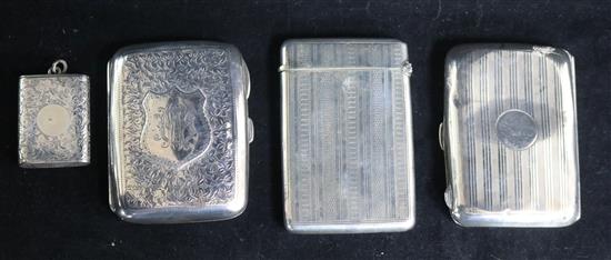 An Edwardian silver card case, two silver cigarette cases and a silver vesta case.